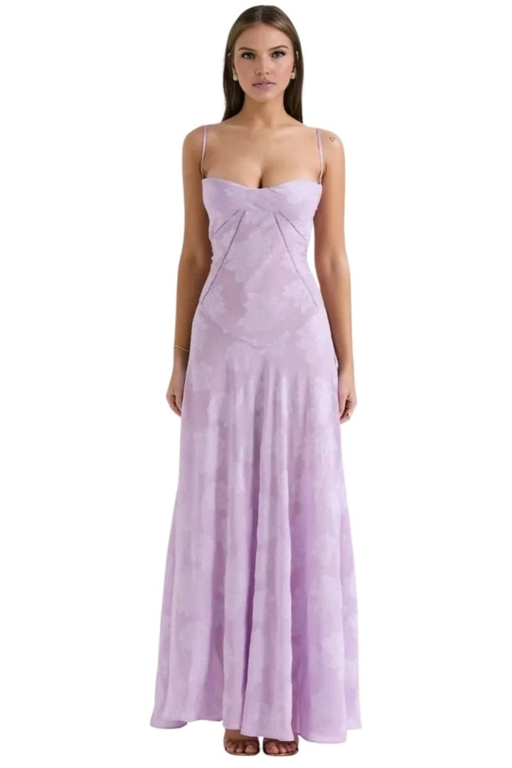 Robe longue bustier dos lacé violet, vue de face