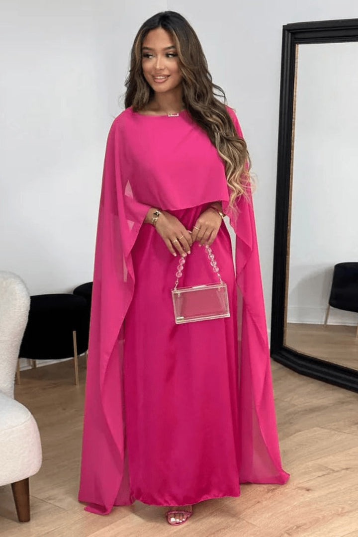 Robe longue satin manches kimono rose, vue de face