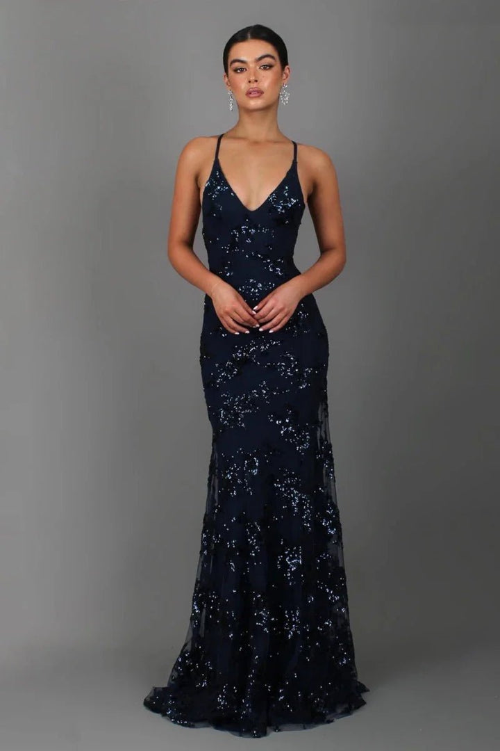 Robe longue à sequins dos plongeant bleu marine, vue de face