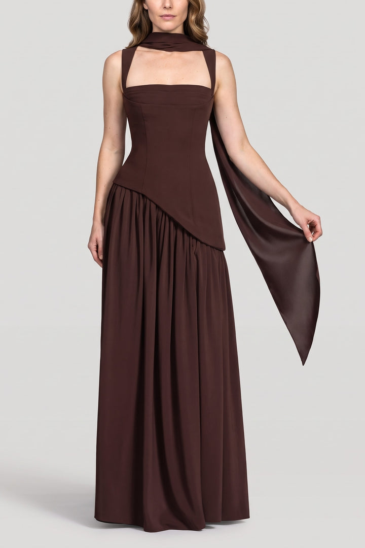 Robe longue corset asymétrique chocolat, vue de face