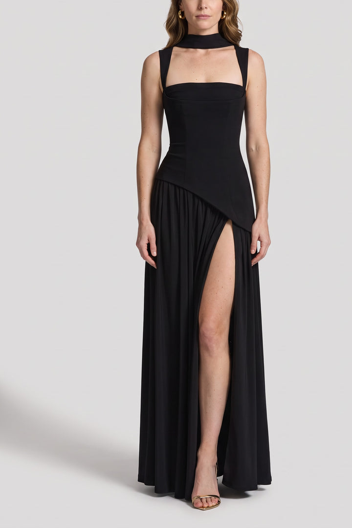 Robe longue corset asymétrique noir, vue de face