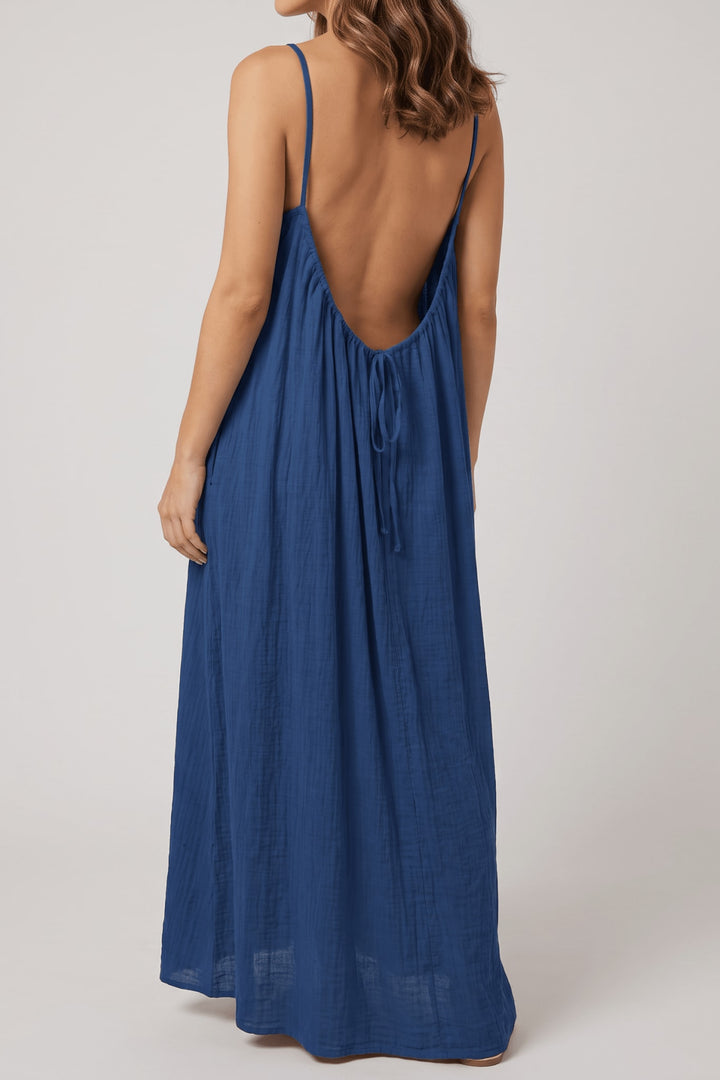 Robe longue coton dos nu réglable bleu marine, vue de dos (2)