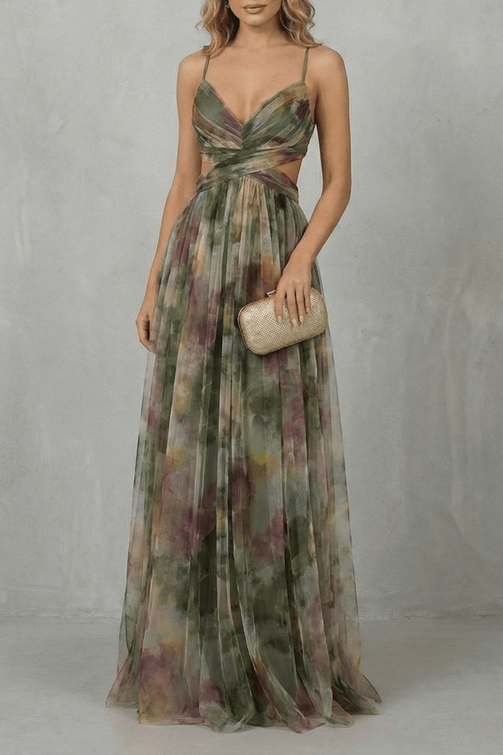 Robe Longue Femme Imprimé Aquarelle Buste Drapé - Belyne