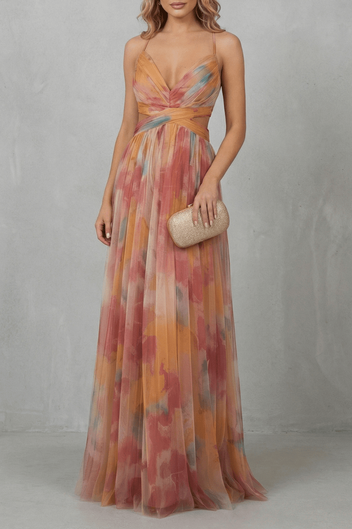 Robe Longue Femme Imprimé Aquarelle Buste Drapé - Belyne