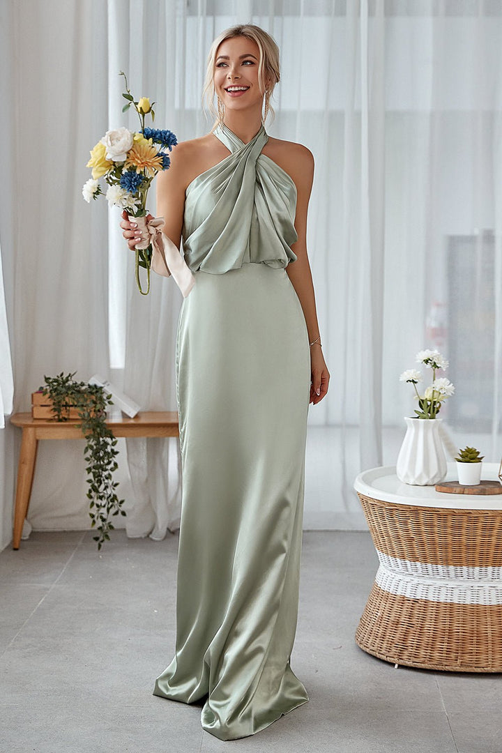 Robe longue satin col licou vert sauge, vue de face