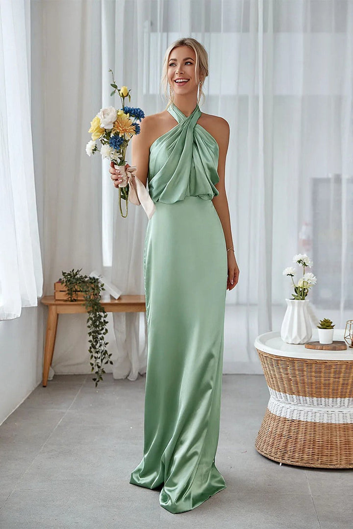 Robe longue satin col licou agave, vue de face