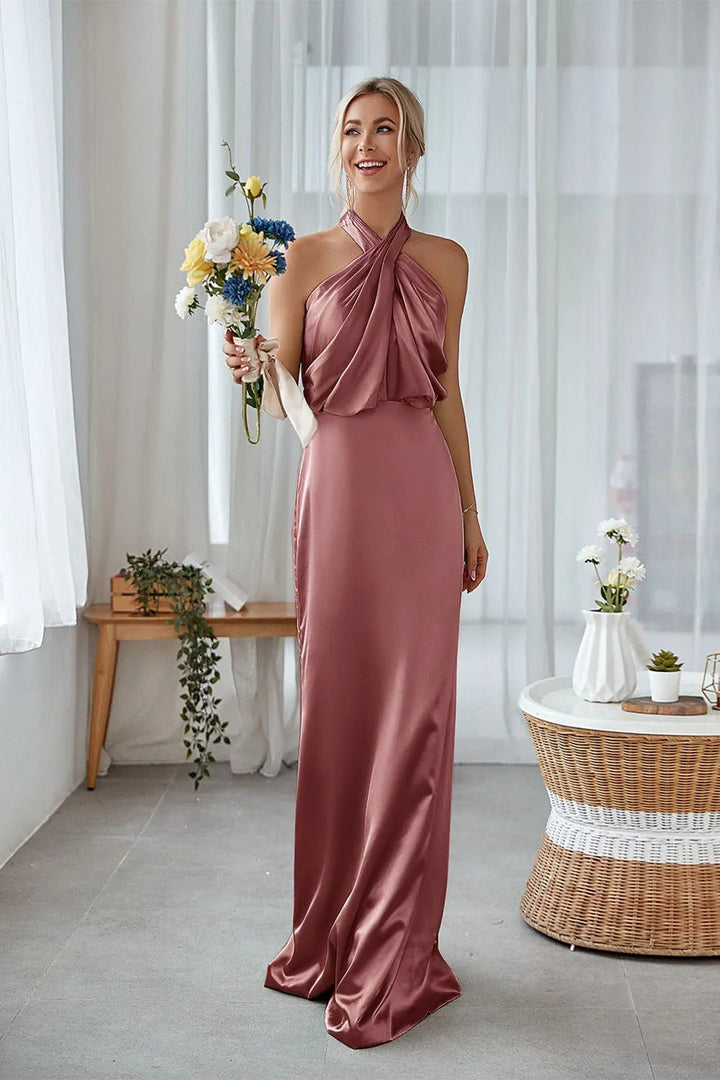 Robe longue satin col licou améthyste, vue de face