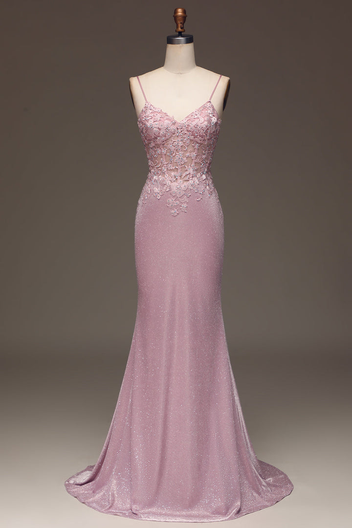 Robe longue sirène corset transparent rose poudré, vue de face