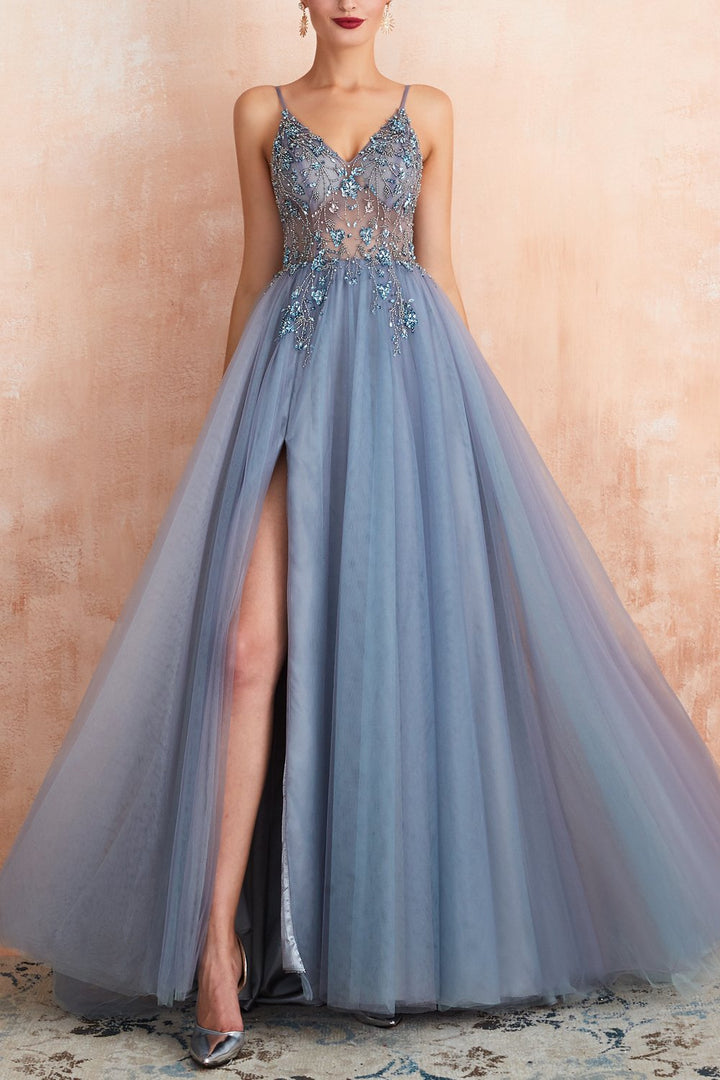 Robe longue tulle buste à strass bleu gris, vue de face