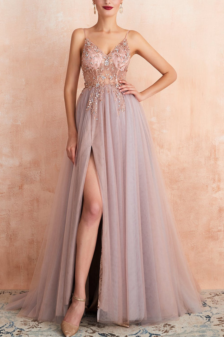 Robe longue tulle buste à strass rose poudré, vue de face