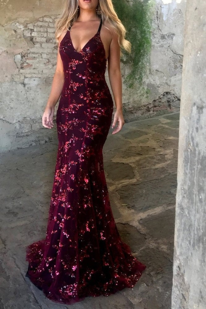Robe longue à sequins dos plongeant bordeaux, vue de face