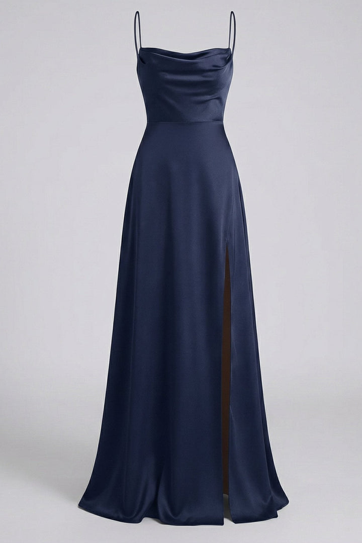Robe longue soie mélangée col bénitier bleu marine, vue de face