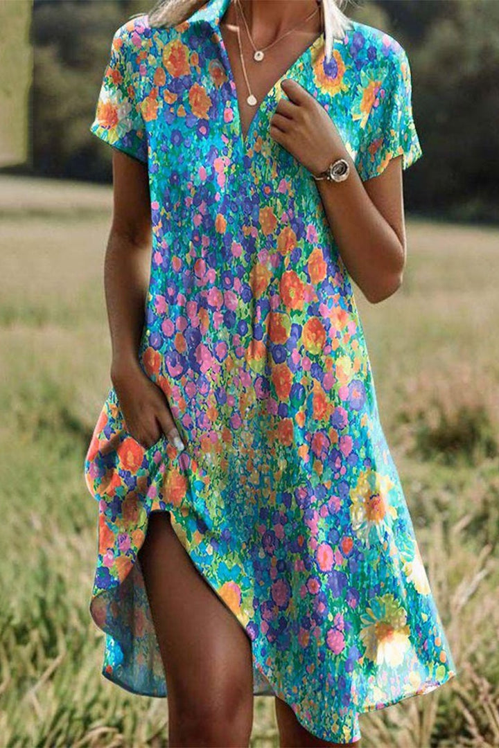Robe midi bohème manches courtes multicolore, vue de face