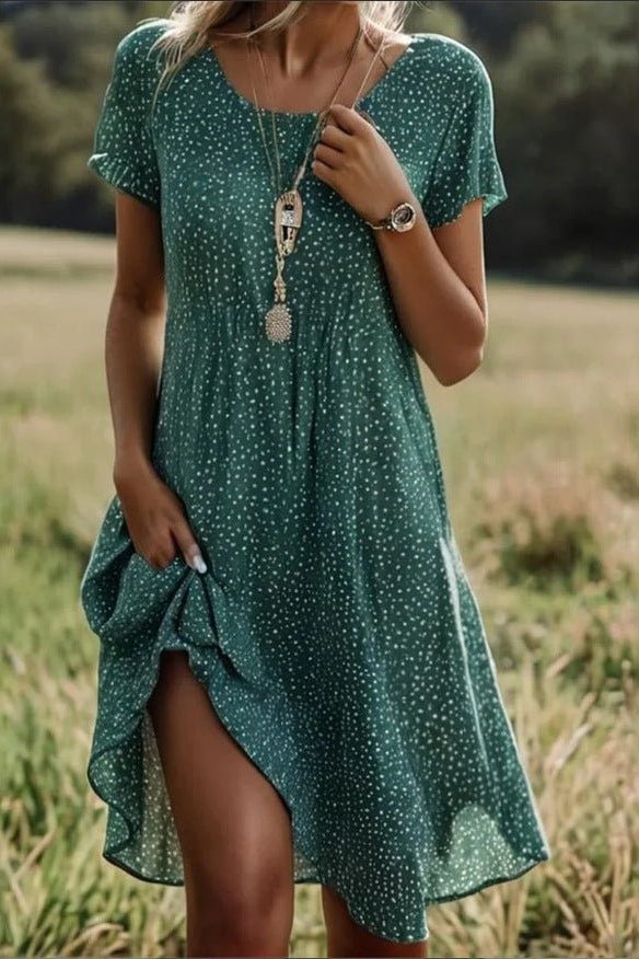 Robe midi bohème manches courtes vert, vue de face