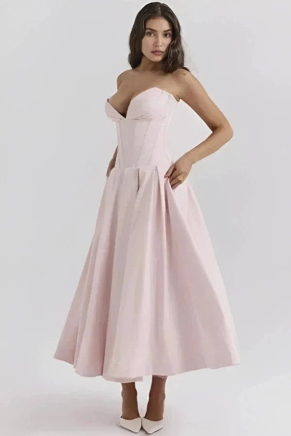 Robe midi bustier décolleté cœur rose, vue de face
