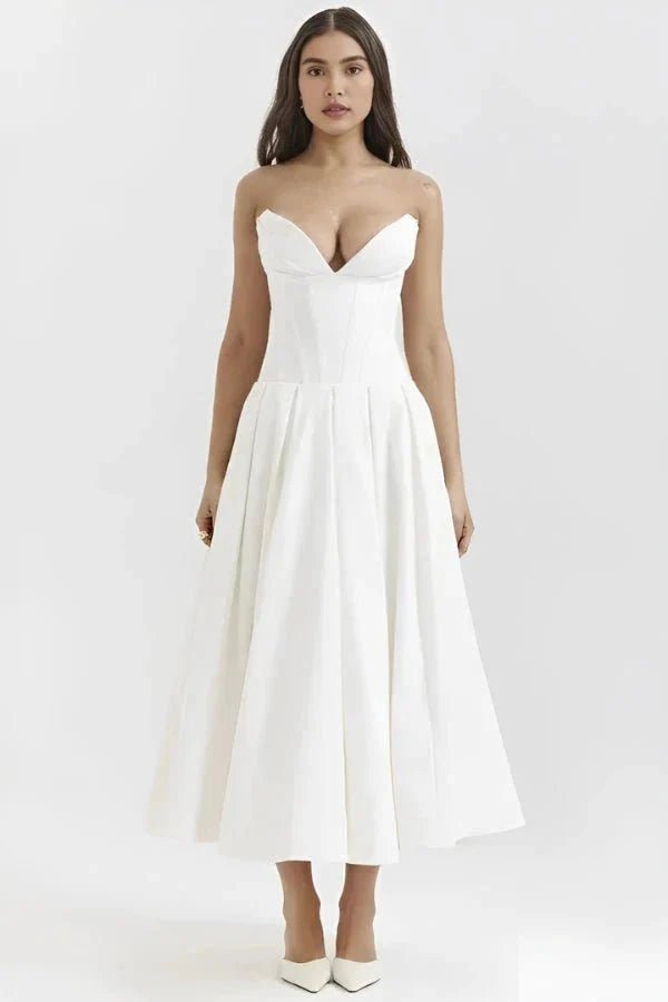 Robe midi bustier décolleté cœur blanc, vue de face