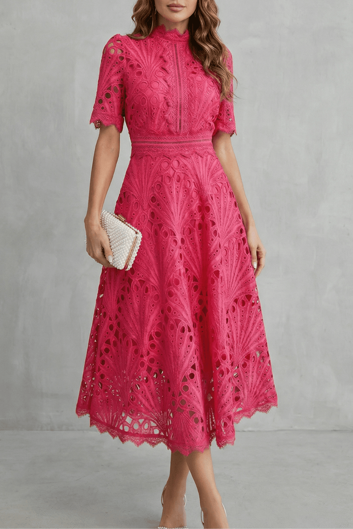 Robe Midi Dentelle Femme Col Montant - Belyne