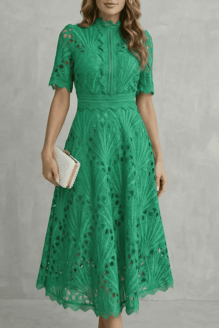 Robe Midi Dentelle Femme Col Montant - Belyne