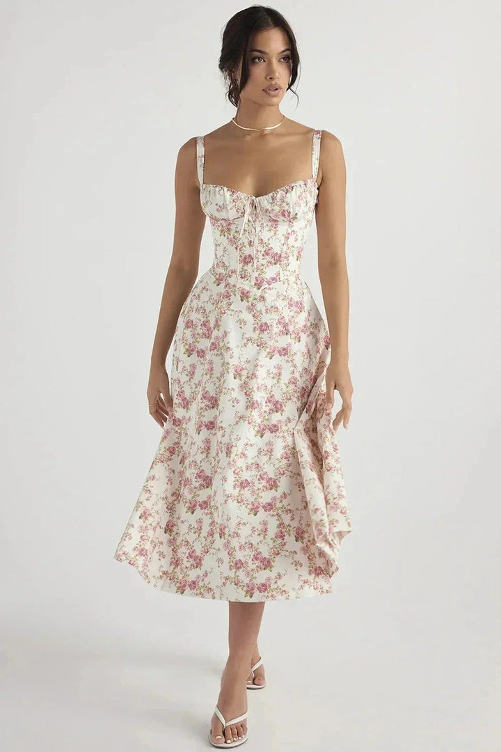 Robe Midi Fleurie Femme Buste Noué - Belyne