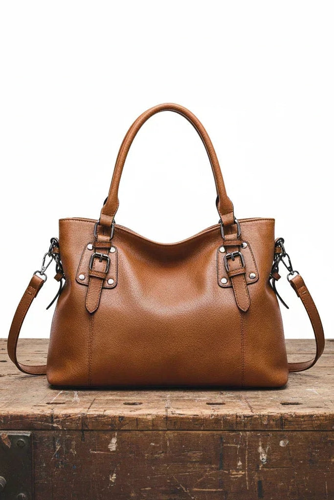 Sac à main pattes à boucles cognac, vue de face