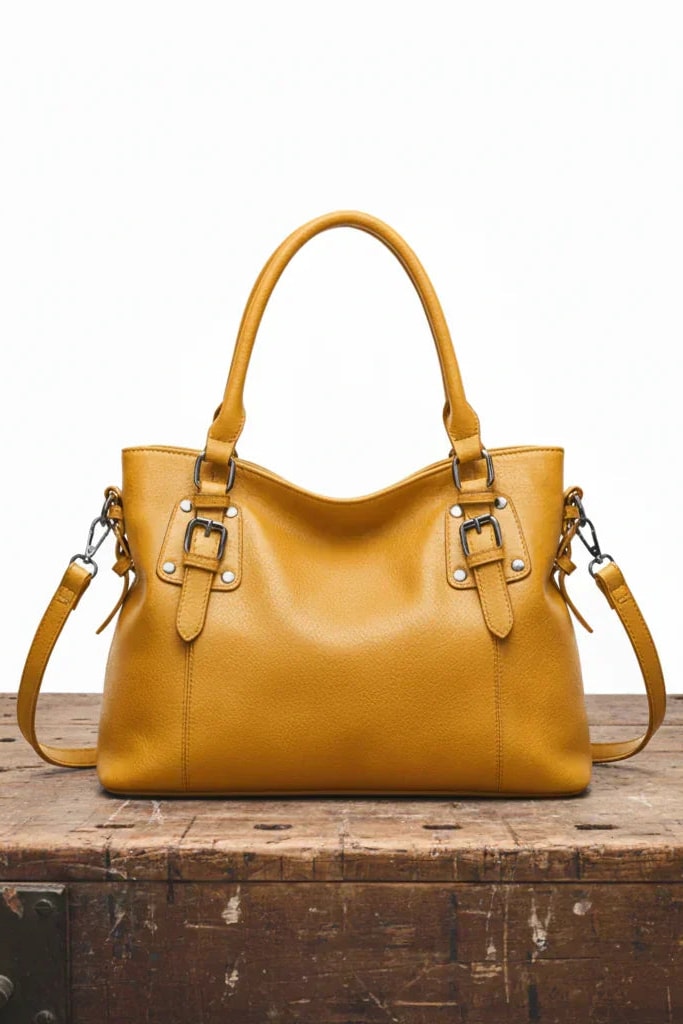 Sac à main pattes à boucles jaune moutarde, vue de face