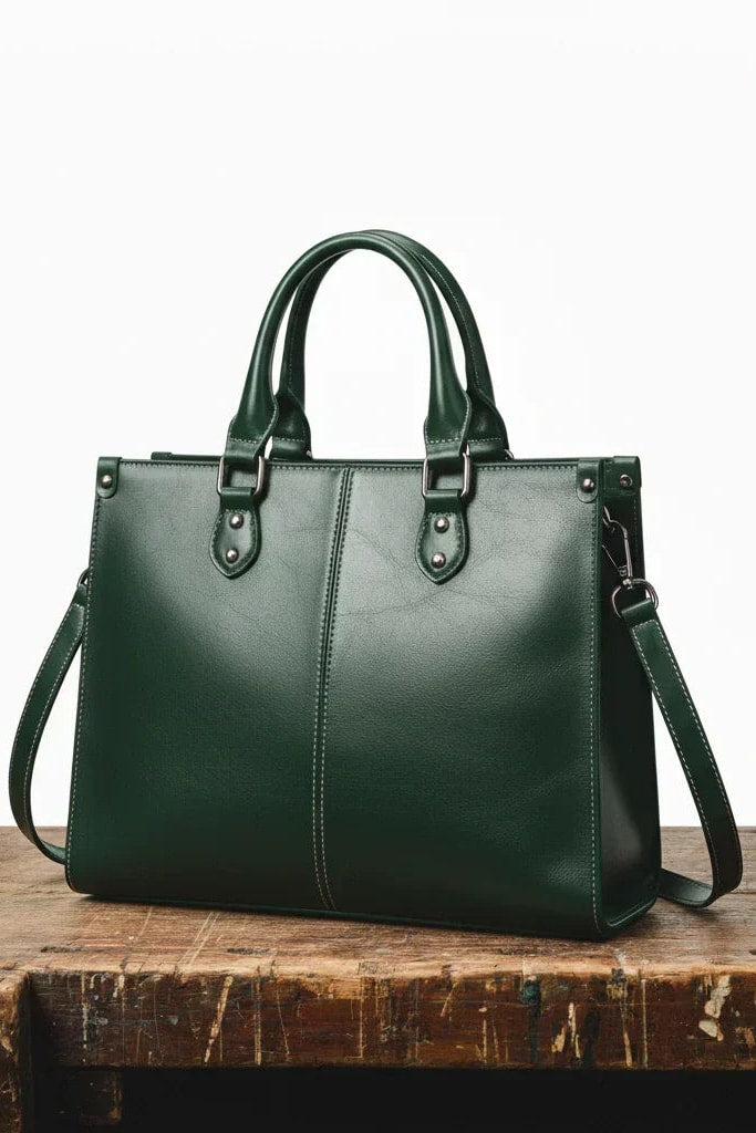 Sac à main à surpiqûres contrastées vert foncé, vue de face