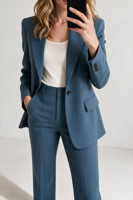 Tailleur pantalon veste à un bouton bleu gris, vue de face