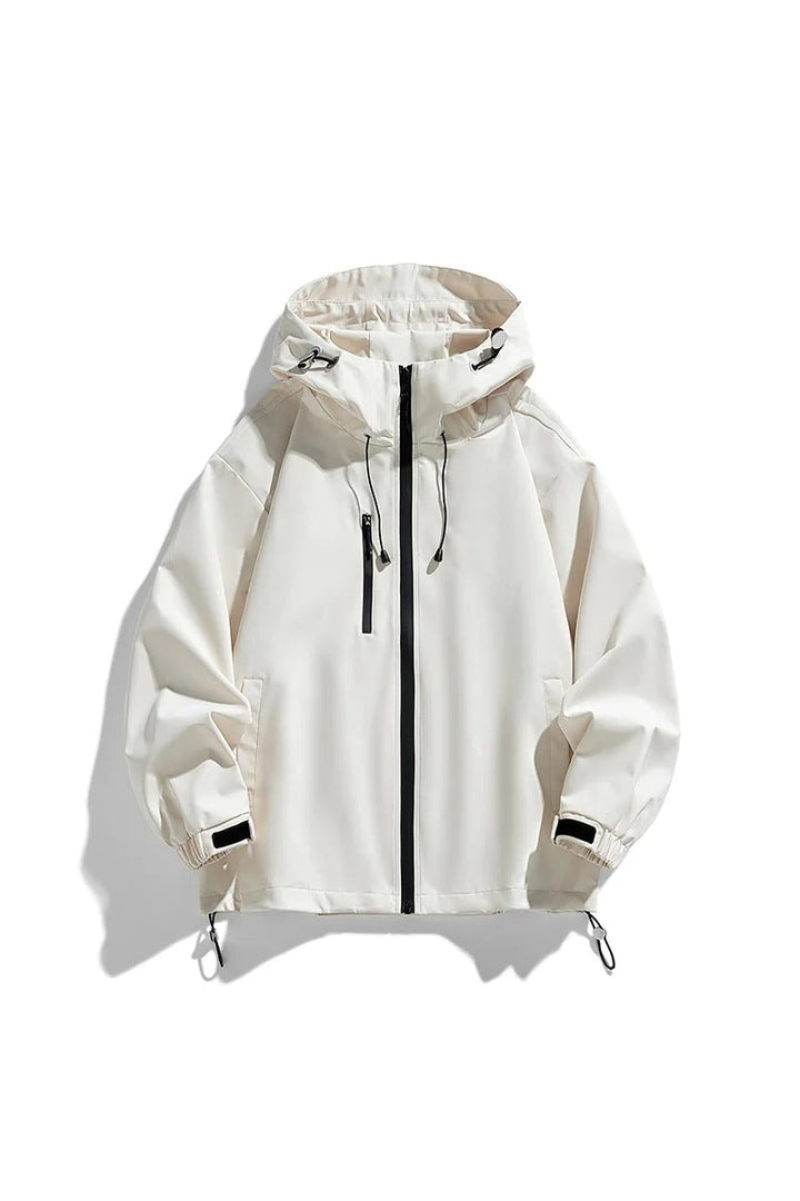 Veste coupe-vent à capuche ajustable blanc cassé, vue de face