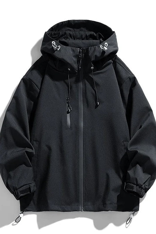 Veste coupe-vent à capuche ajustable noir, vue de face
