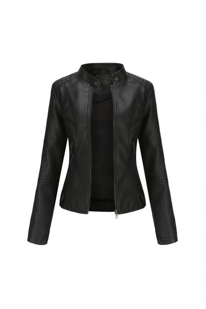 Veste effet cuir col mao noir, vue de face