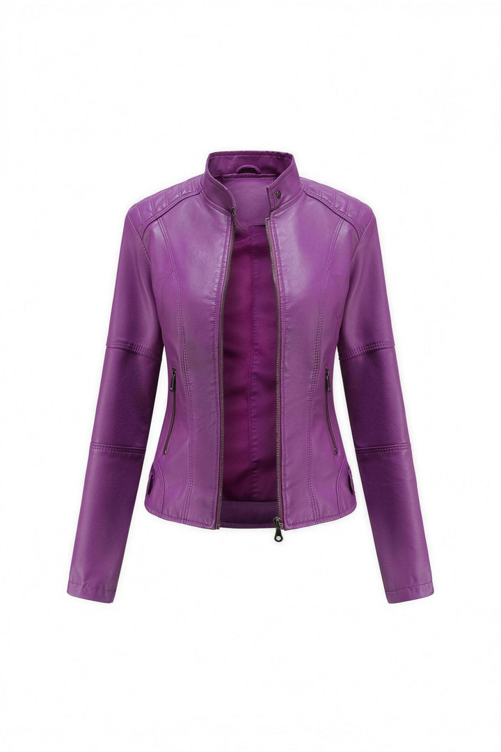 Veste effet cuir col mao violet, vue de face