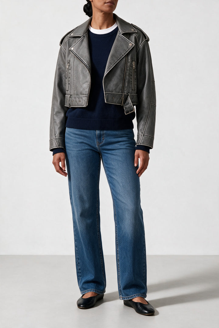 Veste courte effet cuir délavé gris, vue de face