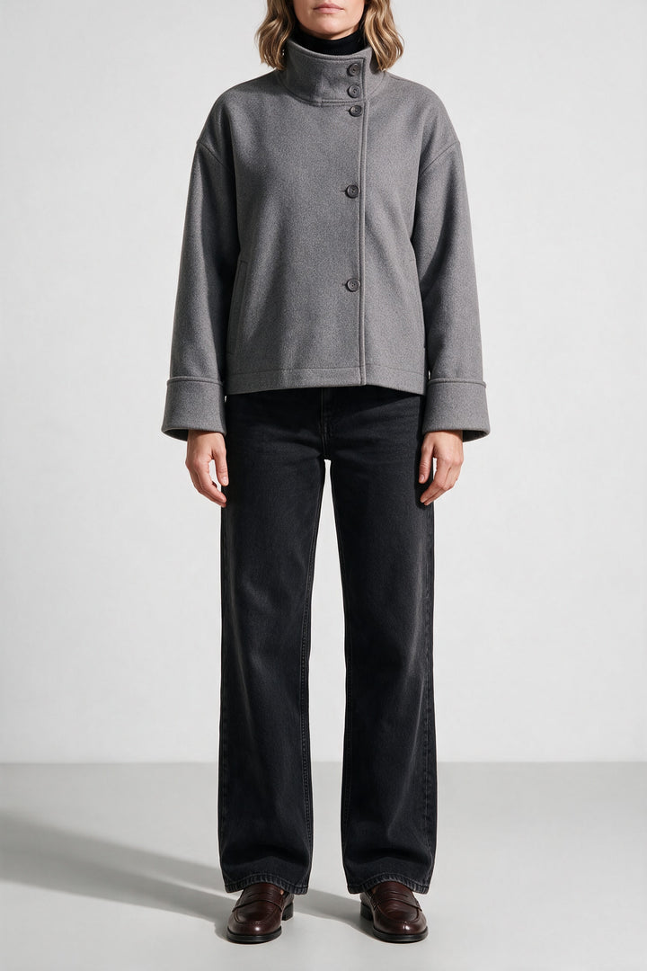 Veste courte effet laine boutonnage asymétrique gris, vue de face
