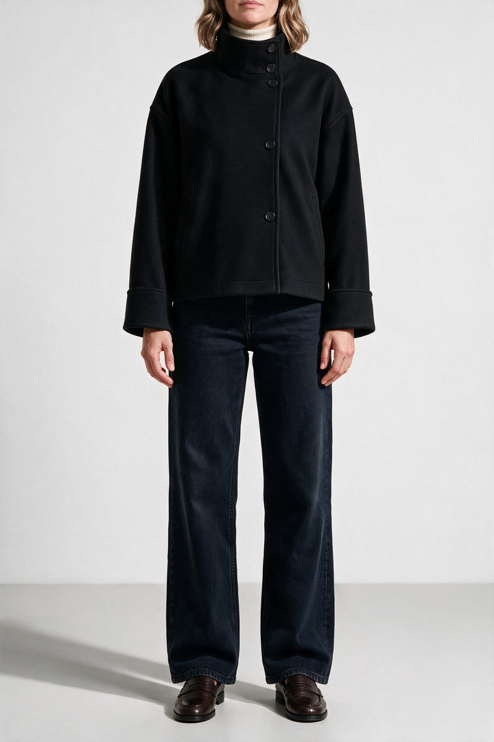 Veste courte effet laine boutonnage asymétrique noir, vue de face