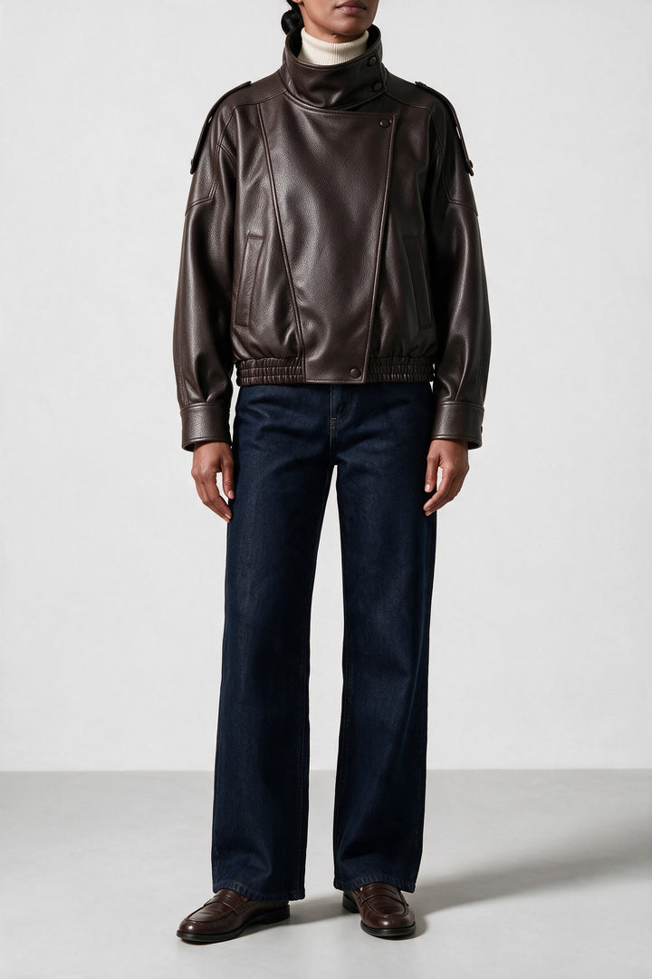 Veste effet cuir col cheminée marron, vue de face