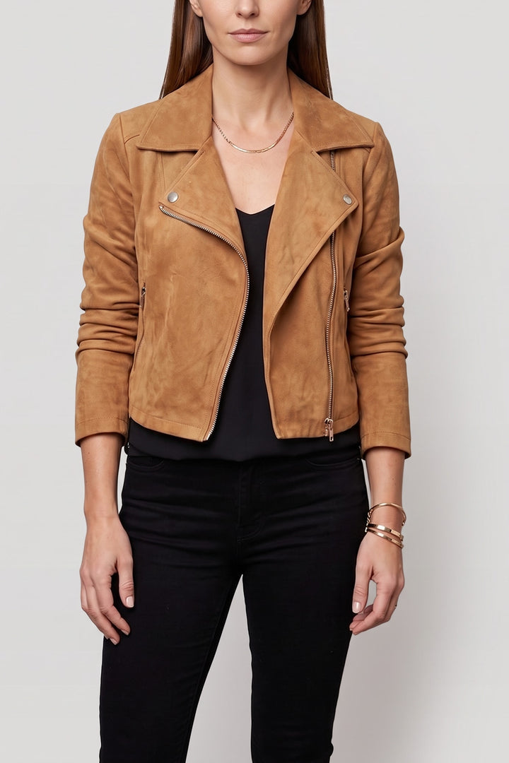 Veste motard courte effet daim camel, vue de face