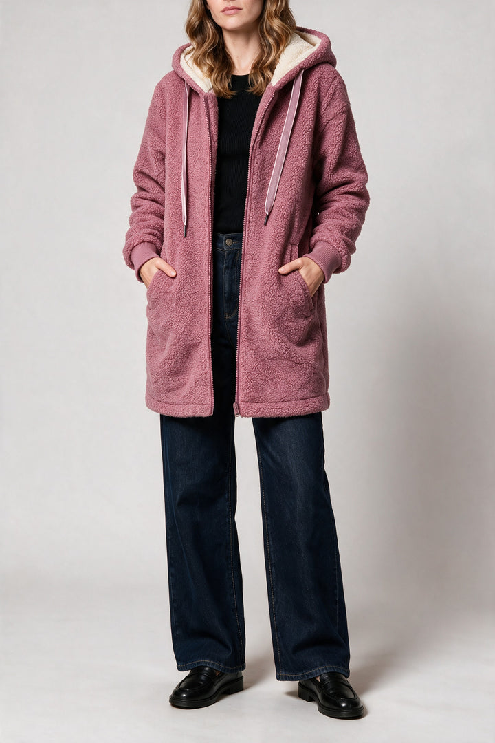 Veste polaire teddy à capuche rose, vue de face